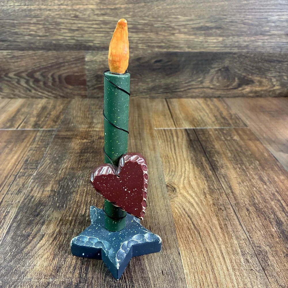 Primitive Wooden Candle Set 3 Rustic Heart Star Base Distressed Folk Art Decor